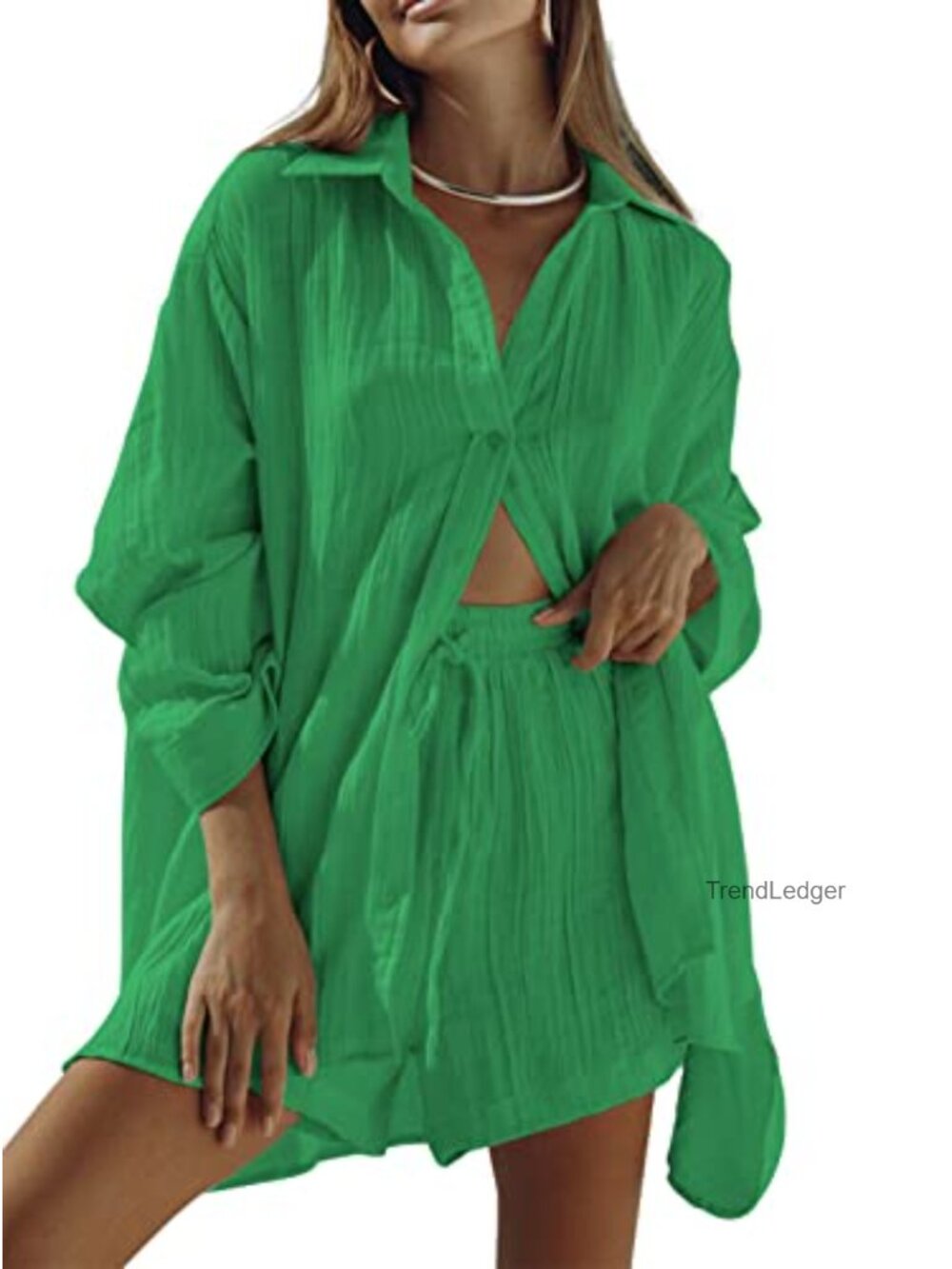 Women 2 Piece Button Down Blouse & Shorts Sweatsuit Set